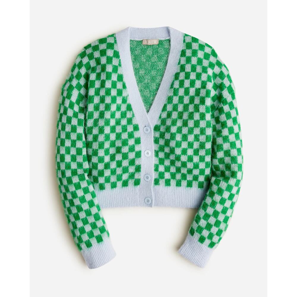 J. Crew S Checkered Knit Blue and Green Wool Cardigan